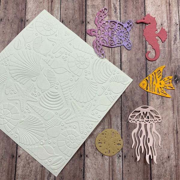 Sea Life Die Cut Kit, Sea Creature kit for Scrapbooking, Jellyfish, Seashell Embossed Paper, Seahorse Shape, Paper Sea Animal Clipart, Ocean