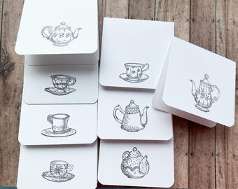 Tea Cups Note Card Set, Hand-stamped, Gift Tags