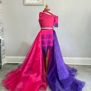 Fun Fashion Hot pink purple girls outfit Pageant runway outfit with train Custom romper jumpsuit outfit with fringe Unique sparkly wear
