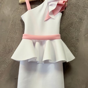 Light pink white interview Pageant dress with peplum Girls Casual neoprene scuba wear Unique Custom ruffles teen opening number girls dress