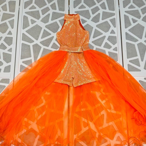 Orange Sparkly Jumpsuit Pageant Runway Outfit Girls Neoprene Etsy