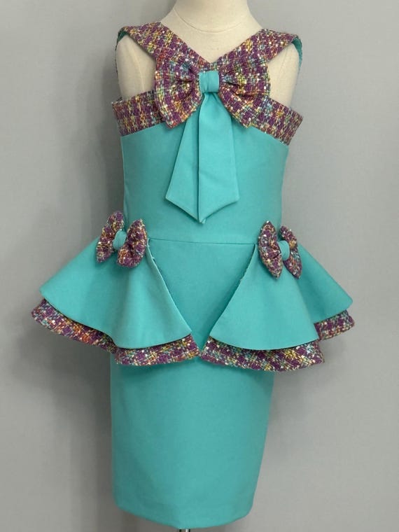 Teal Polyester Tweed Dress Pageant Interview Outfit Girls Casual Wear Turquoise Unique Girls Dress Custom Peplum Original Girls Tweed Outfit