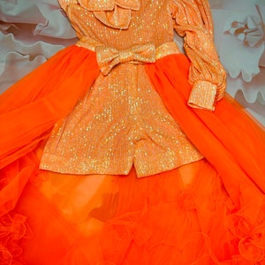 Orange sparkly jumpsuit skirt Pageant runway outfit Girls sequins romper Orange fun fashion girls wear Custom pageant party sparkly romper