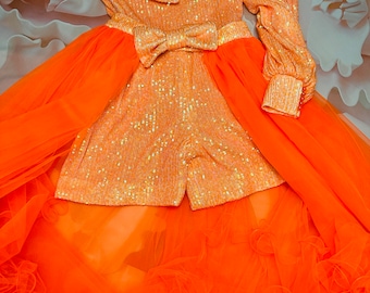 Orange sparkly jumpsuit skirt Pageant runway outfit Girls sequins romper Orange fun fashion girls wear Custom pageant party sparkly romper