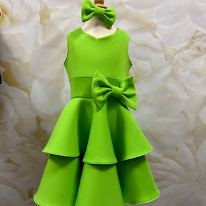 Kelly green Pageant dress with bow Girls neoprene Homecoming outfit Pageant outfit Custom  Scuba Green 2 layers skirt Interview girls dress