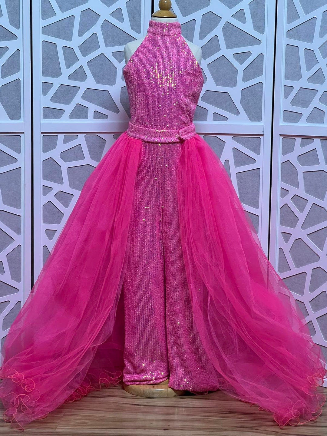 Hot Pink Sparkly Jumpsuit Skirt Pageant Runway Outfit Girls Sequins