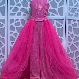Hot pink sparkly jumpsuit skirt Pageant runway outfit Girls sequins Neon Pink fun fashion girls wear Custom party sparkly unique romper