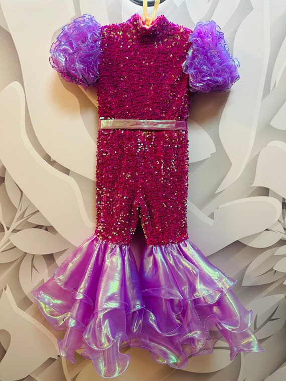Hot pink sparkly jumpsuit Pageant outfit Girls sequins organza Fuchsia fun fashion Girls jumpsuit Custom Pageant party glitter fluffy romper