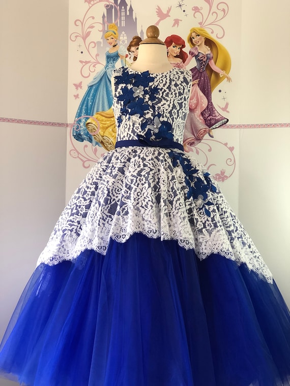 blue and white ball gown