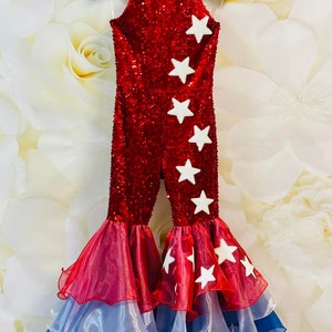 Red White Blue jumpsuit Pageant Fun Fashion girls sequins sparkly patriotic outfit Custom pageant RWB ruffles romper bell bottom wear