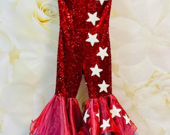 Red White Blue Jumpsuit Pageant Fun Fashion Girls Sequins Sparkly