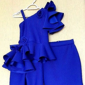 Royal blue interview outfit Pageant ruffle Girls neoprene jumpsuit Royal blue casual girls pants suit Custom pageant scuba 3 pieces outfit