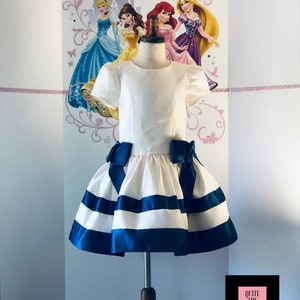 White and blue interview cocktail girls dress Pageant Easter girls dress Girls strips dress Pageant outfit for girls Custom cocktail dress