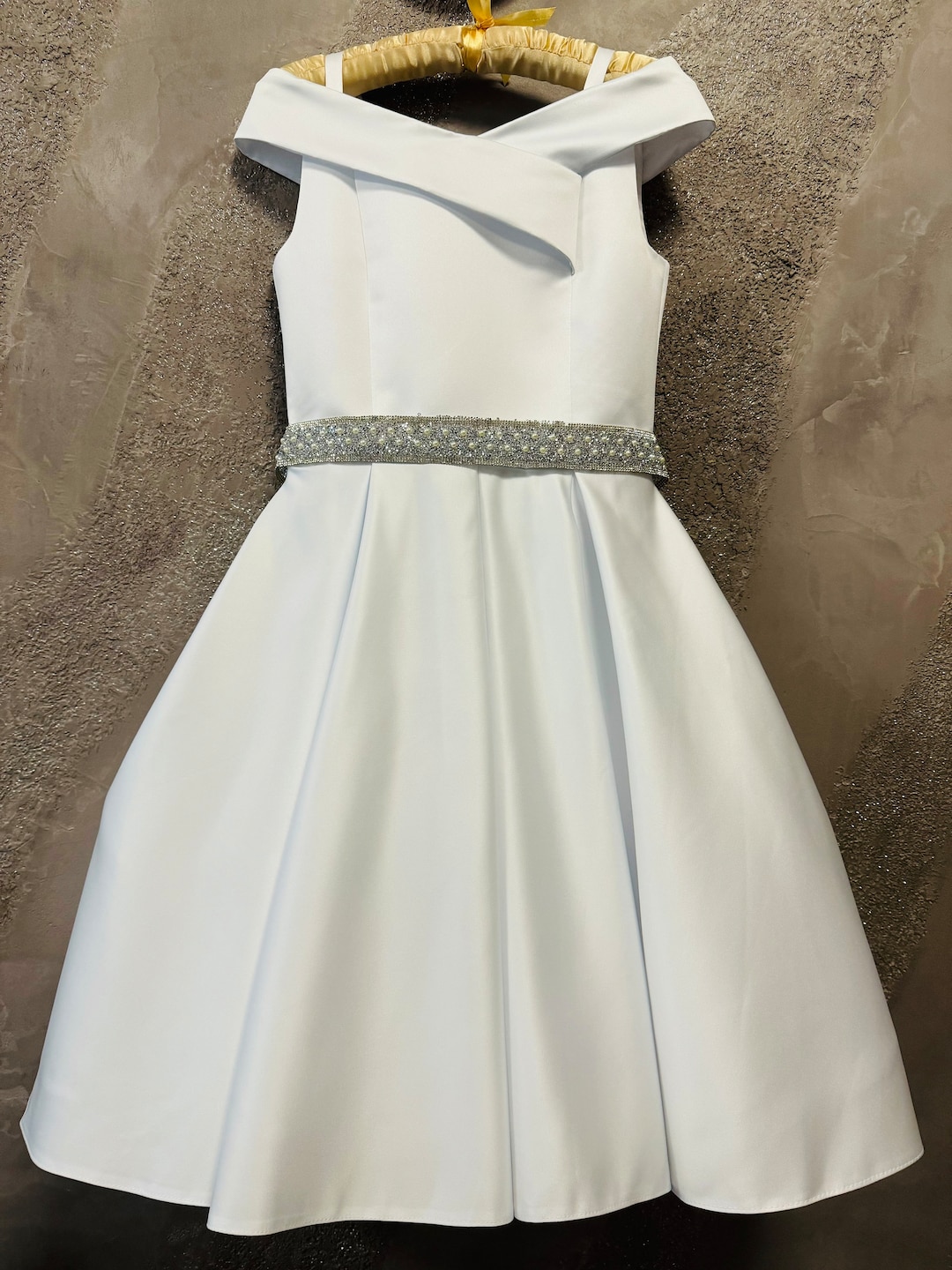 White Pageant Interview Dress With Shoulders off Girls Satin Fluffy ...