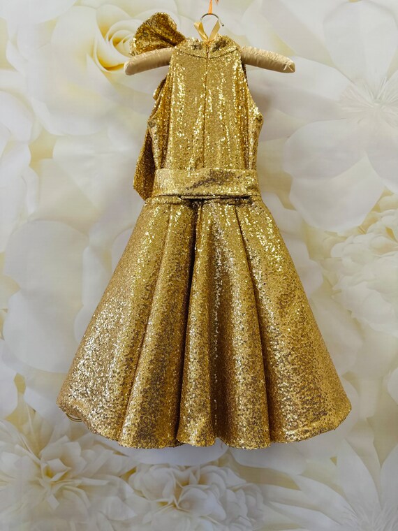Cocktail Sequins Gold Girls Outfit Pageant Gold Sparkly Dress Custom Sparkly Gold Unique Wear Gold Dress with Bow