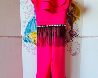 Tuta rosa shocking per ragazze da concorso di bellezza, tuta in neoprene per ragazze da concorso di bellezza, tuta subacquea personalizzata rosa shocking con volant, cinturino e frange