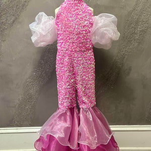 Hot pink sparkly jumpsuit Pageant outfit Girls sequins organza Unique fun fashion girls jumpsuit Custom pageant Barbie flare legs romper