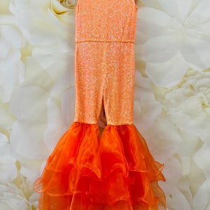 Orange sparkly jumpsuit Pageant outfit Girls sequins organza orange fun fashion girls jumpsuit Custom pageant party glitter fluffy romper