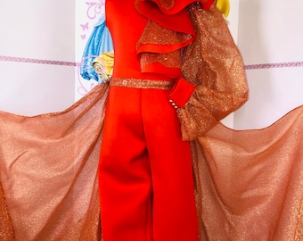 Orange sparkly jumpsuit Pageant runway outfit Girls neoprene jumpsuit Orange fun fashion girls jumpsuit Custom pageant party glitter romper