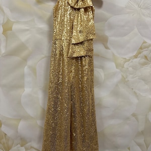 Gold sparkly jumpsuit Pageant outfit Girls sequins jumpsuit fun fashion girls jumpsuit Custom pageant party glitter unique romper with bow