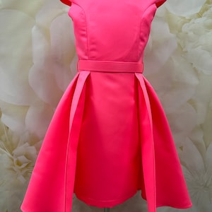 Neon Pink Pageant dress  Girls satin Homecoming dress Pageant outfit Custom pageant dress Cocktail hot pink Interview sleeves  girls dress