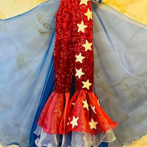 Red White Blue jumpsuit Pageant Fun Fashion girls sequins sparkly patriotic outfit Custom pageant RWB ruffles romper bell bottom wear