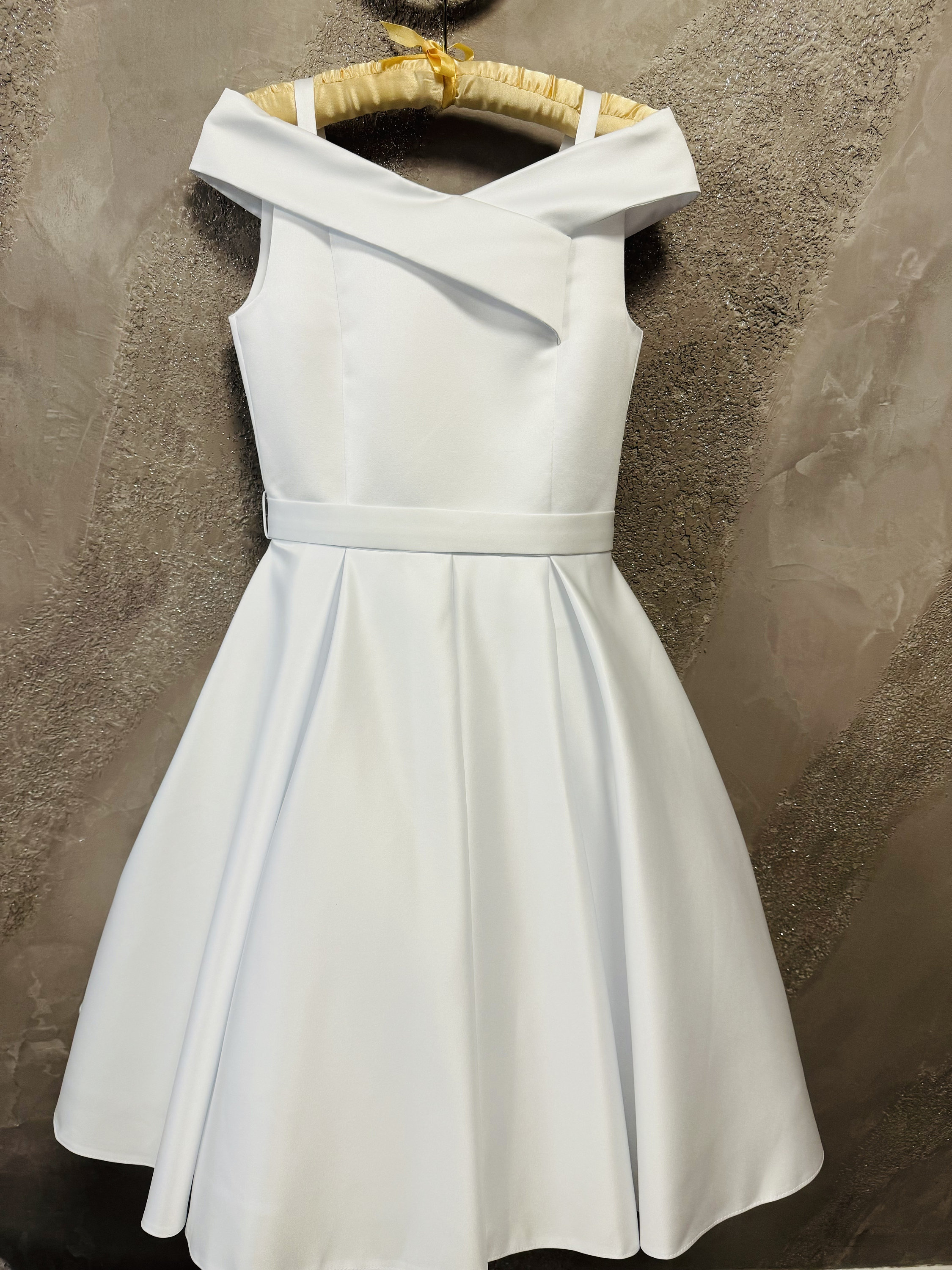 White interview Pageant dress with shoulders off Girls cocktail satin puffy wear Unique Custom teen opening number White Girls dress