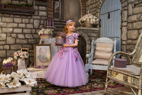 National Purple ball gown High fashion pageant dress Custom children's wear Couture lavender Lilac dress Princess 3D lace Pageant girls gown