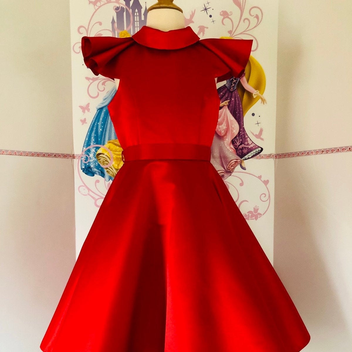 Red Interview Pageant Dress with Belt Girls Satin Fluffy Dress Pageant Red Girls Outfit Custom Pageant Cocktail Ruffles Red Girls Dress