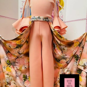 Peach jumpsuit with skirt Pageant runway outfit Girls neoprene jumpsuit Light pink fun fashion girls jumpsuit Custom pageant party romper
