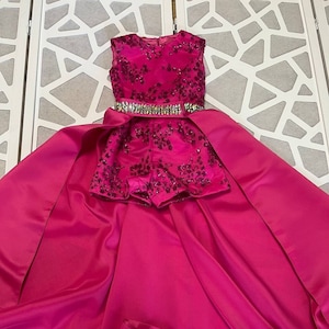 Fun Fashion Hot pink girls outfit Pageant pink runway Pageant outfit with train Custom romper jumpsuit outfit with pink glitter sequins