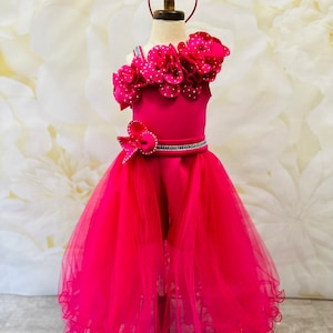 hot pink sparkly jumpsuit romper pageant runway outfit girls unique shinestone neoprene fun fashion wear custom scuba kids fluffy mesh skirt