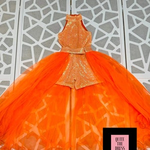 Orange sparkly jumpsuit skirt Pageant runway outfit Girls sequins romper Orange fun fashion girls wear Custom pageant party sparkly romper