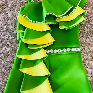 Green yellow jumpsuit Pageant Fun Fashion girls neoprene outfit Light green Custom pageant girls romper with ruffles and strap Unique romper
