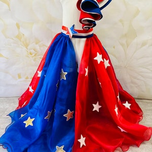 Red White Blue wear with cape Pageant Fun Fashion girls patriotic outfit Custom pageant romper with skirt RWB girls scuba neoprene outfit