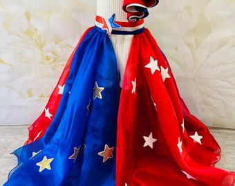 Red White Blue wear with cape Pageant Fun Fashion girls patriotic outfit Custom pageant romper with skirt RWB girls scuba neoprene outfit