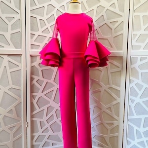 Macacão rosa choque para entrevistas Roupa para concursos Macacão de neoprene para meninas Macacão rosa casual personalizado com mangas babadas rosa choque exclusivo para meninas