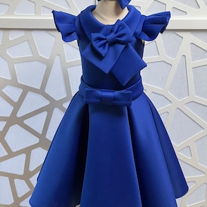 Blue interview Pageant dress with bow Girls scuba fluffy dress Pageant blue girls outfit Custom pageant Cocktail royal blue girls dress