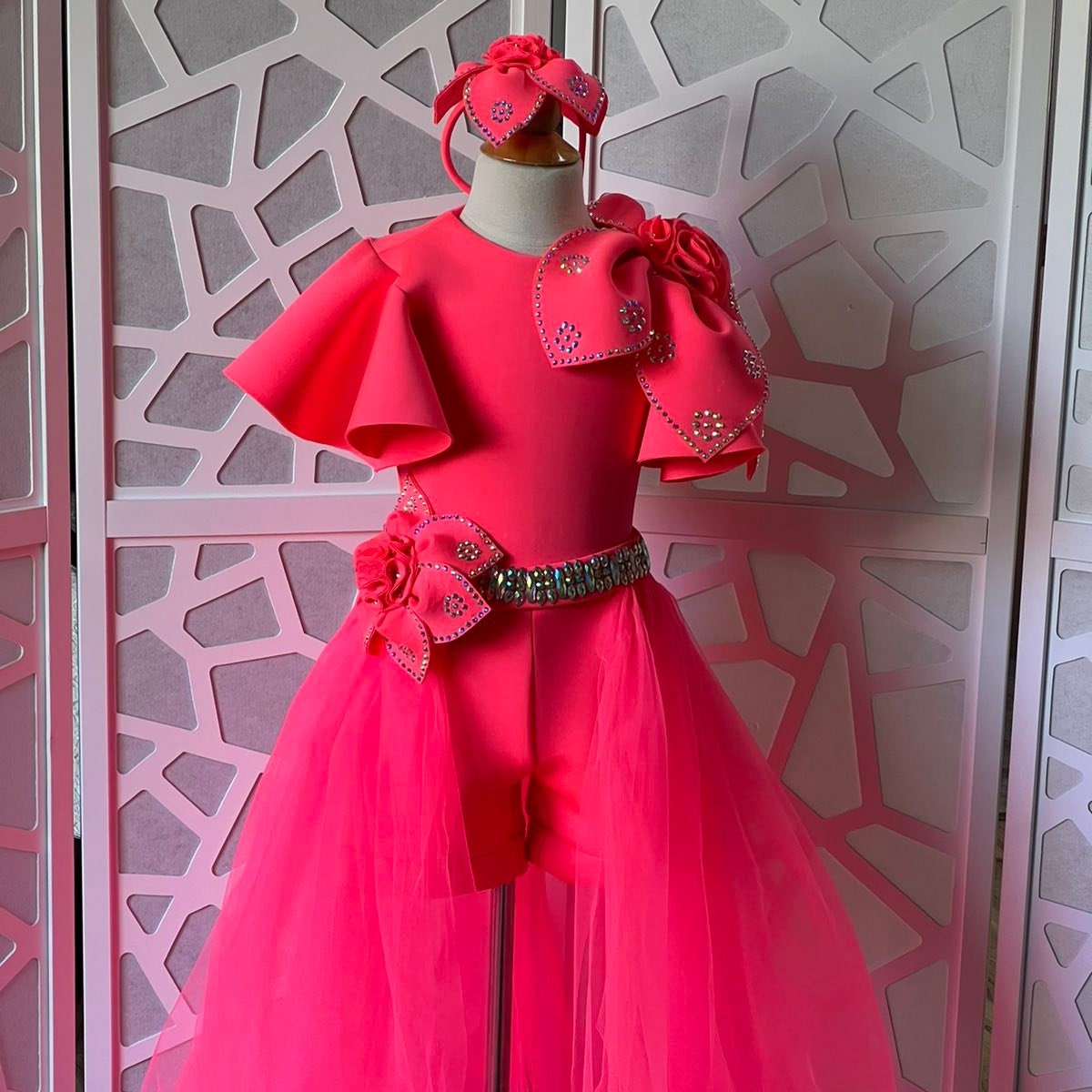 Neon Hot Pink Pageant Cocktail Dress With AB Rhinestones/ Pageant
