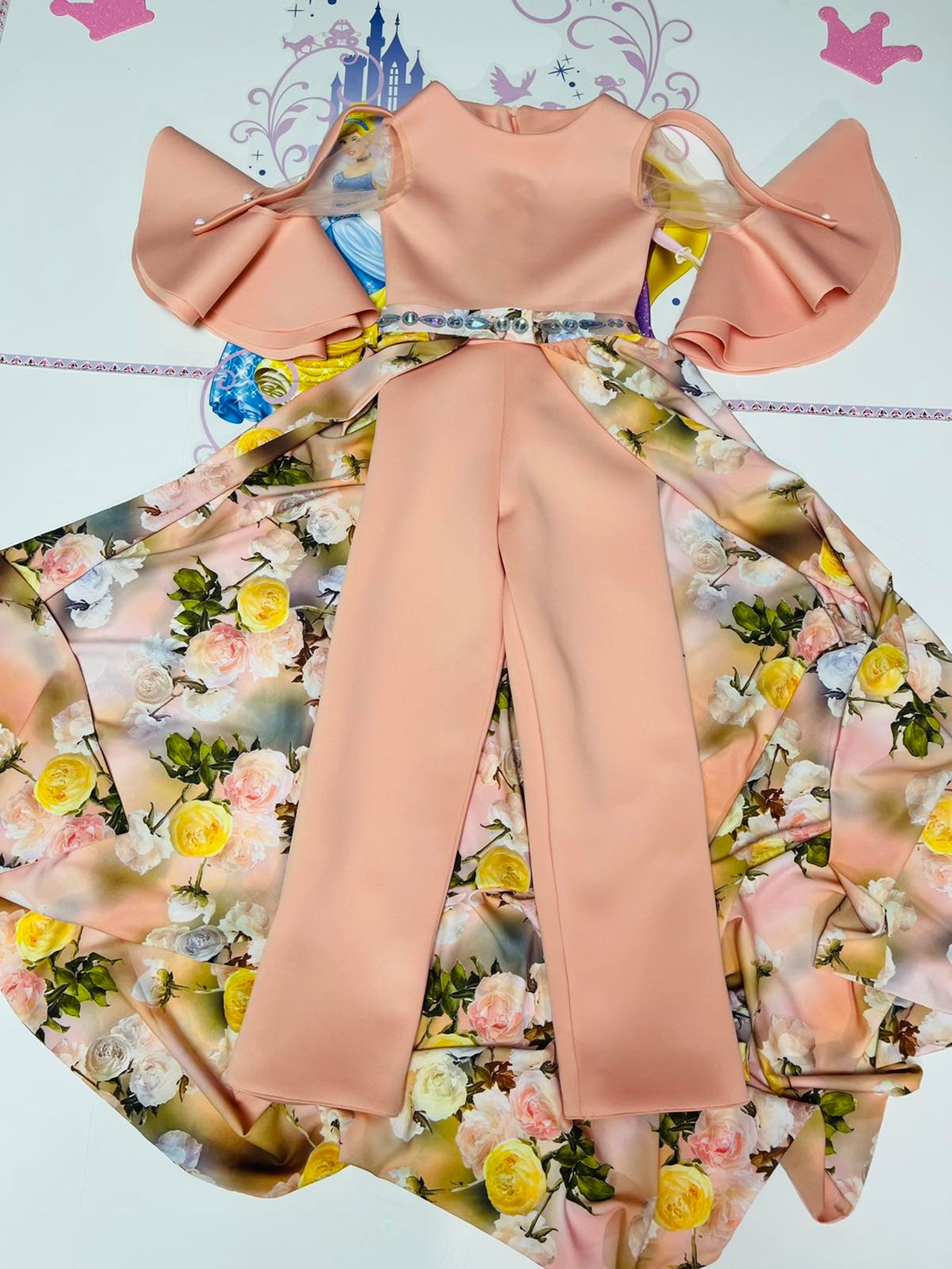 Graceful Jumpsuit with a Chiffon Skirt Overlay Peach