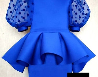 Royal blue interview Pageant dress with peplum Girls Casual neoprene scuba sleeves wear Blue girls suit  Unique Custom pageant sleeve dress