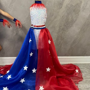 Red White Blue wear with cape Pageant Fun Fashion girls patriotic outfit Custom pageant romper with skirt RWB girls sequins sparkly outfit