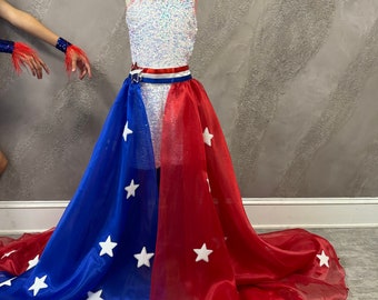 Red White Blue wear with cape Pageant Fun Fashion girls patriotic outfit Custom pageant romper with skirt RWB girls sequins sparkly outfit