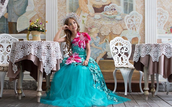 Couture ball gown High Fashion Pageant dress Custom children's wear Fun Fashion Hot Pink Teal Turquoise dress Princess 3D Pageant girls gown