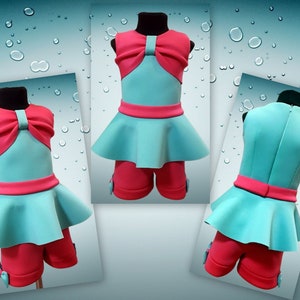 Unique mint hot pink 2 pieces outfit Pageant Girls neoprene casual wear peplum romper Teal girls scuba wear Custom pageant party suit