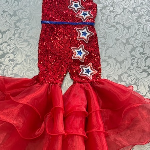 Red White Blue jumpsuit Pageant Fun Fashion girls sequins sparkly patriotic outfit Custom pageant RWB ruffles romper bell bottom wear