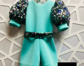 Mint Teal jumpsuit romper Pageant outfit Girls neoprene sleeve casual wear Sequins turquoise girls casual wear Custom unique sleeves romper