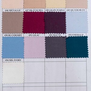 May include: A color swatch chart featuring fabric samples in various shades. Colors include powder, dark skin, light skin, cappuccino, metallic, dark fuchsia, grape purple, silver blue, blueberry, lilac, mauve, emerald, and medium ivory.