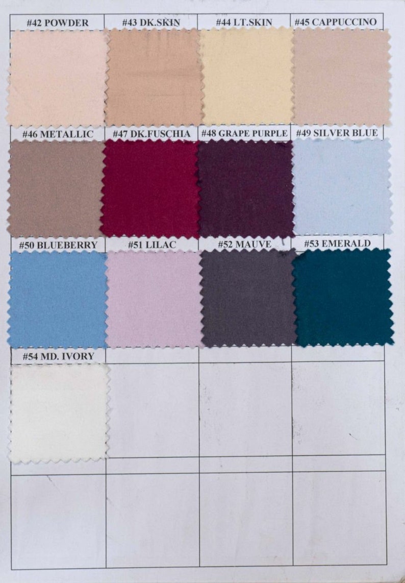 May include: A color swatch chart featuring fabric samples in various shades. Colors include powder, dark skin, light skin, cappuccino, metallic, dark fuchsia, grape purple, silver blue, blueberry, lilac, mauve, emerald, and medium ivory.