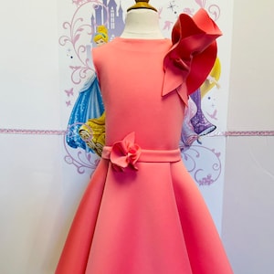 Peach interview Pageant dress with belt Girls neoprene fluffy dress Casual scuba peach girls outfit Custom pageant Cocktail ruffles dress